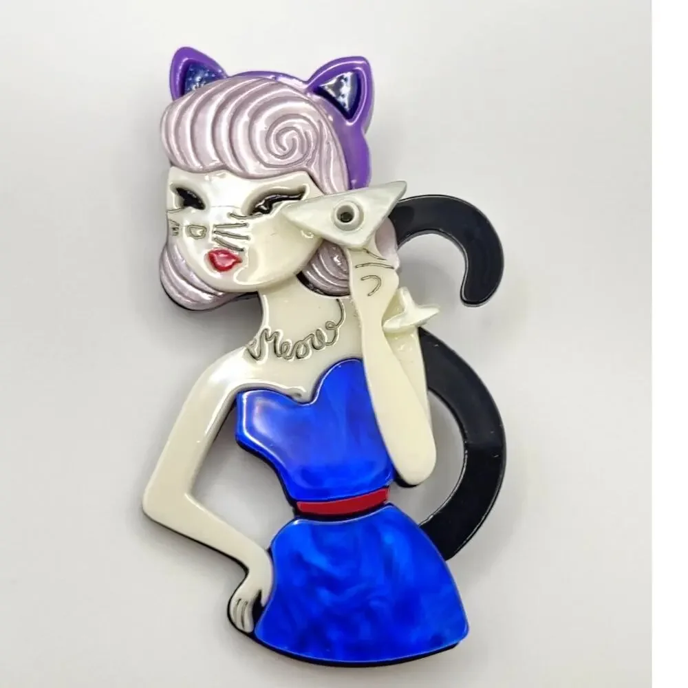 Woman with Cocktail in Cat Costume Acrylic Brooch Boho Halloween Fun